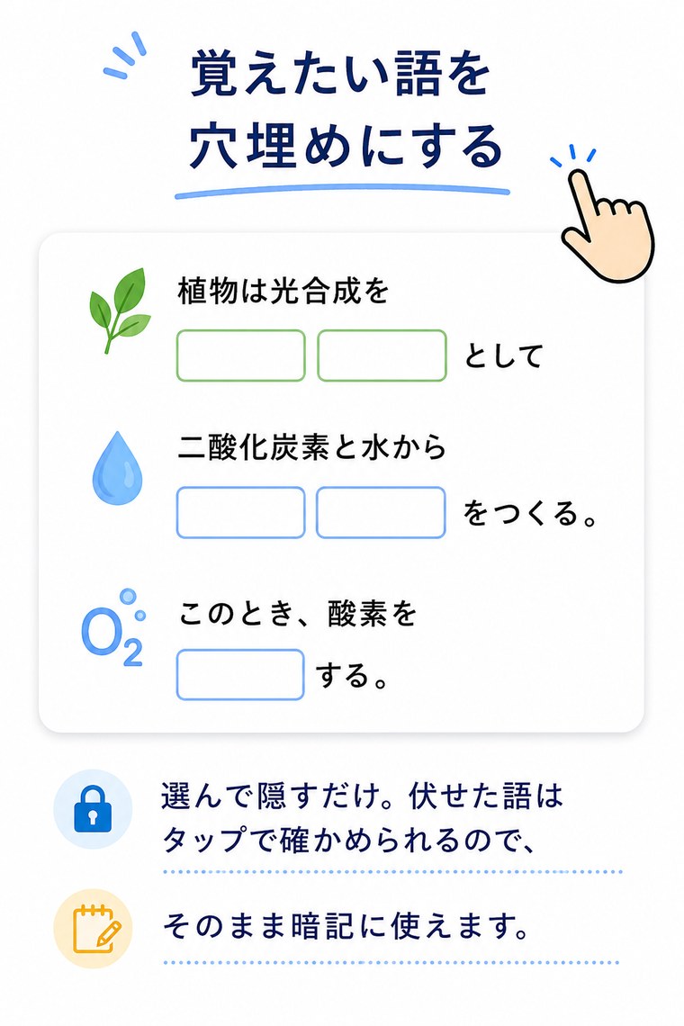 覚えたい語を穴埋めにする。選んで隠すだけ。伏せた語はタップで確かめられるので、そのまま暗記に使えます。