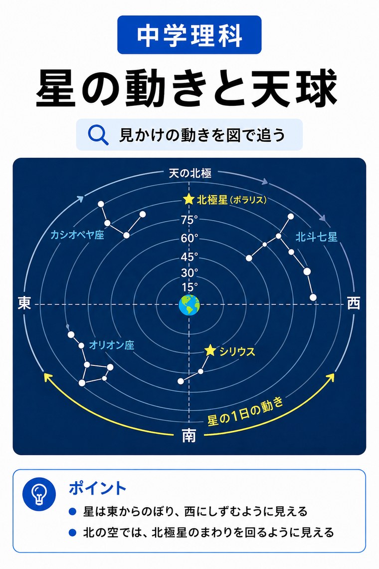 中学理科 星の動きと天球：見かけの動きを図で追う